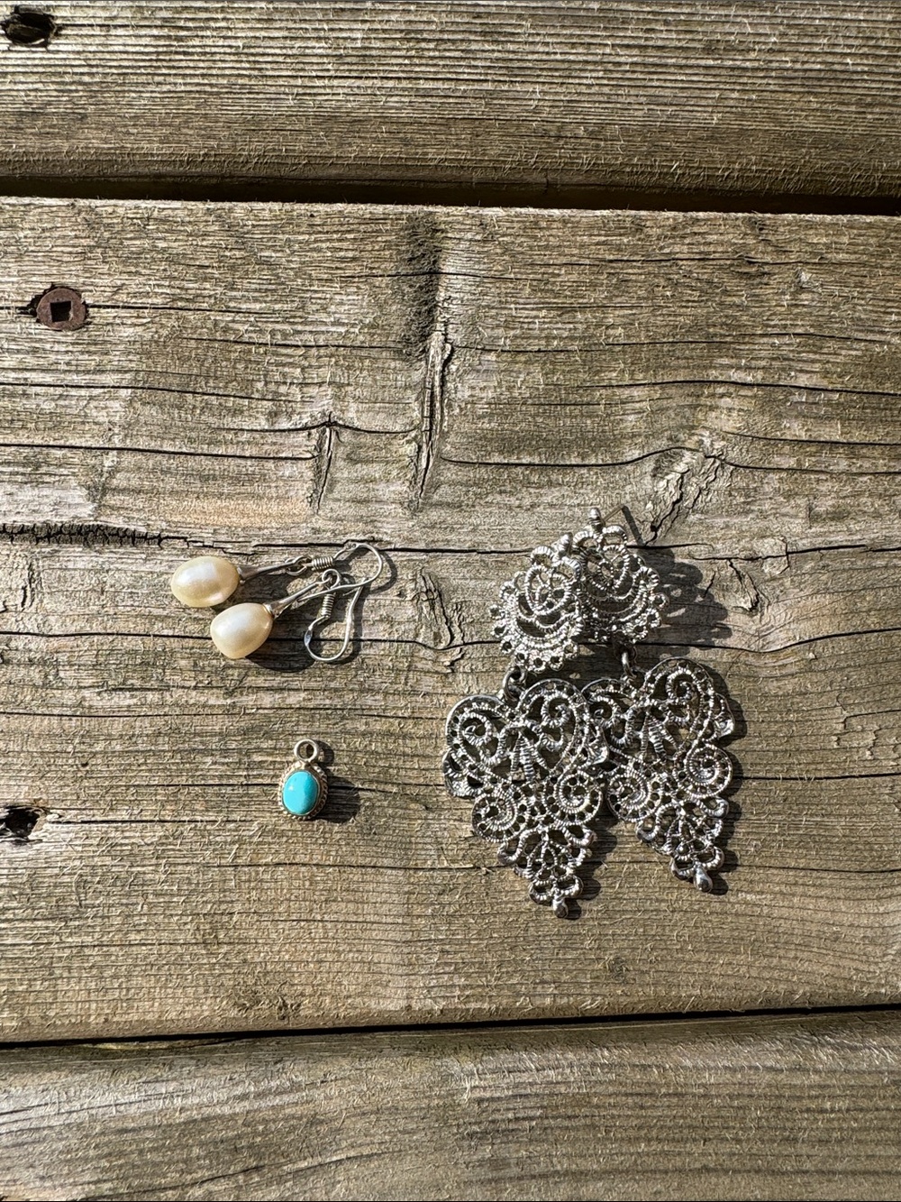 Vintage bundle - Filigree Statement Earrings + Pearl Drops + Turquoise pendant